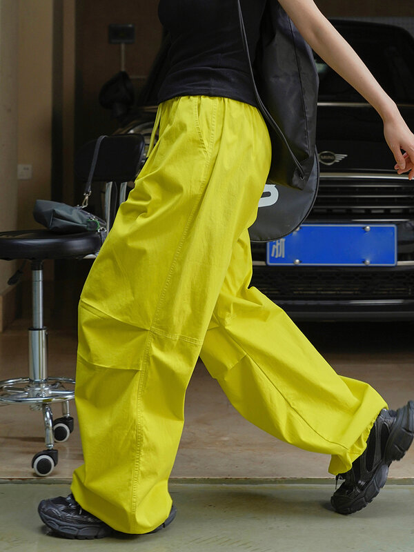 LANMREM 여성용 드로스트링 디자인 스트리트웨어 바지, 단색 와이드 레그 나일론 바지, 타이드 의류, 2024 여름 신상, 26D8735