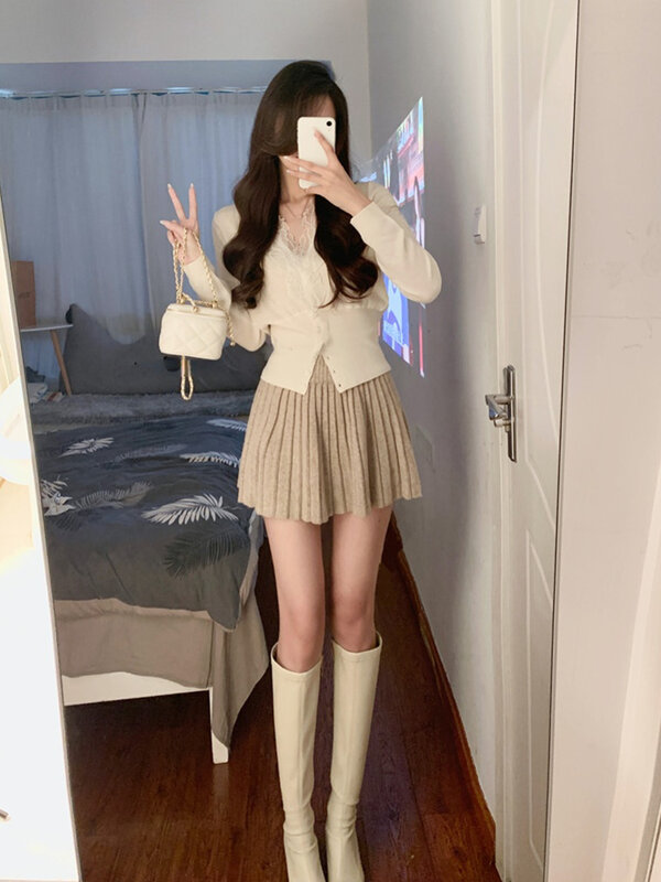 Setelan pakaian wanita Korea, setelan baju rajut Bodycon elegan + rok Mini kardigan manis modis 2024