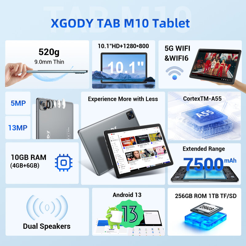 XGODY 10-дюймовый планшет Android Восьмиядерный IPS-экран 10 ГБ 256 ГБ ПК Ультратонкий 5GWiFi Bluetooth Type-C 7000 мАч Планшеты Клавиатура Опционально