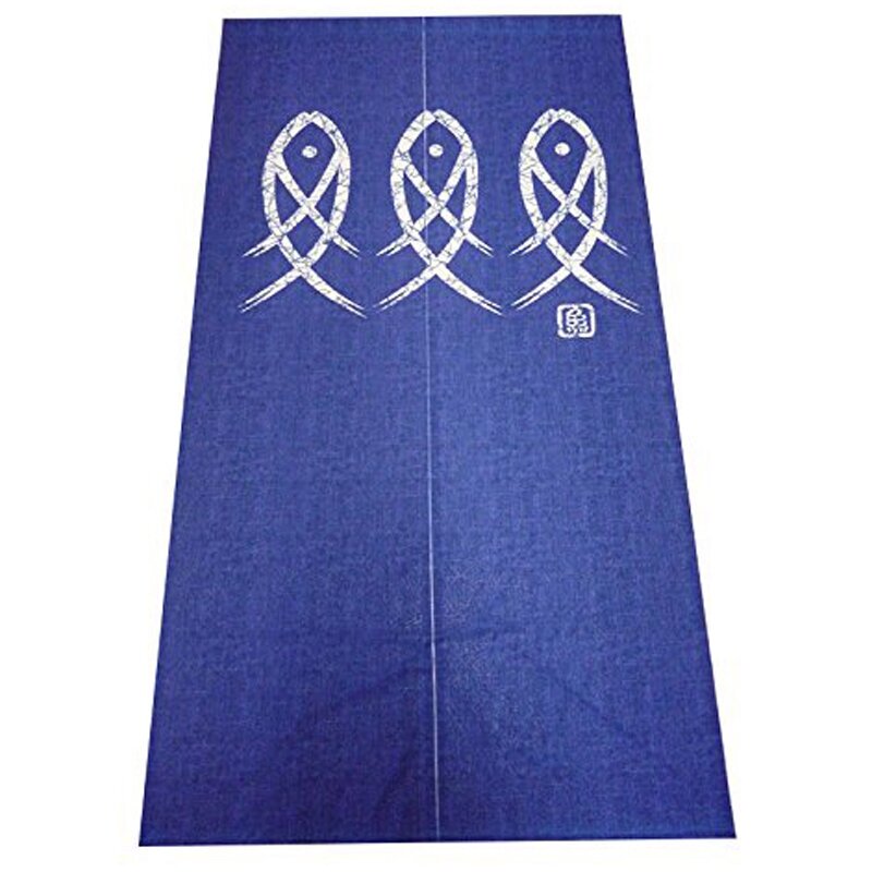Tirai pintu Noren Jepang permadani ikan karakter kuno untuk dekorasi rumah biru 33X59inch
