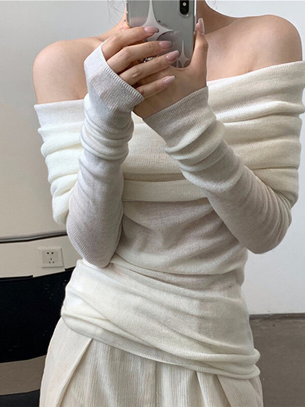 Slash Neck Knit Pullovers Women Sexy Slim Long Sleeve Thin Female Sweater 2024 Spring Elegant Off Shoulder Lady Top Streetwear