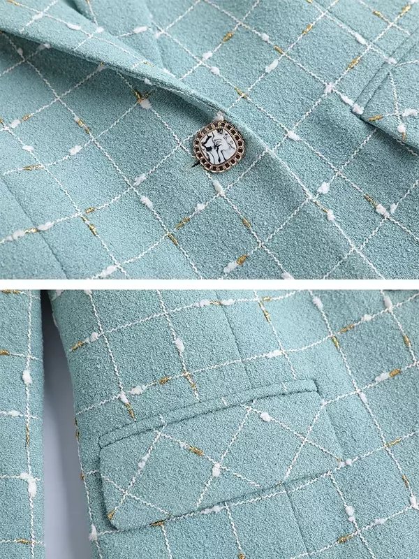 Jaqueta casual de blazer xadrez feminina, casaco fino feminino, manga comprida, botão único, azul, branco, novo, inverno, 2023