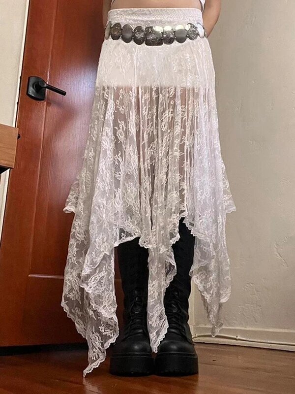 Women's Mesh Lace Long Skirt Asymmetrical Layered Ruffle Maxi Skirts Flowy Y2k See Through Midi Skirt Summer Streetwear