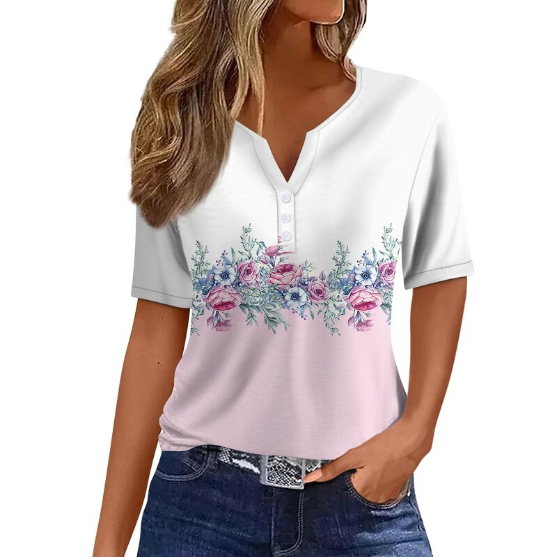Camiseta de algodão estampada com planta vintage feminina, pulôver decote v, botão, mangas curtas, moda diária, verão, Y2K