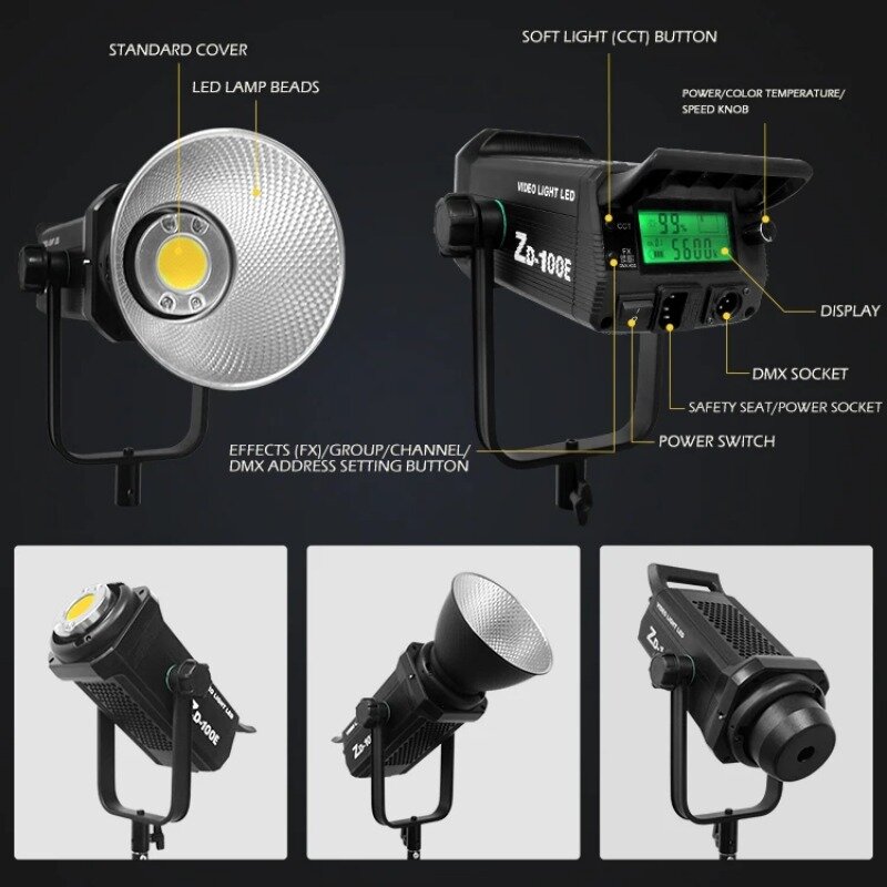 YunYi-ZD-100E Alumínio Portátil Spotlight Cob LED Video Light, Câmeras Digitais Iluminação Fotográfica, 100W, 3200-6500k, Preço