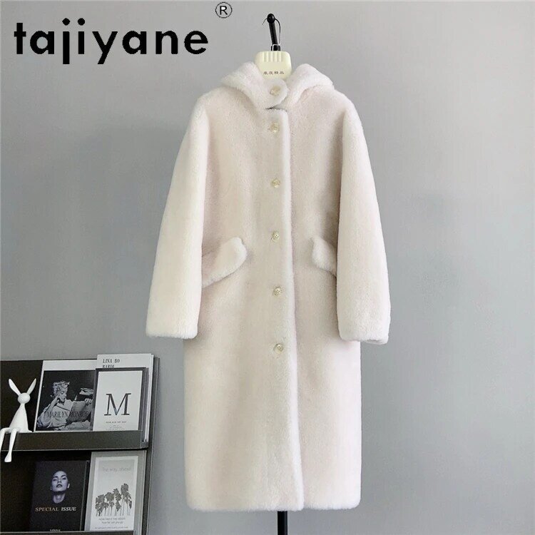 Tajiyane 여성용 100% 양 전단 재킷, 중간 길이 울 코트, 패션 후드 코트, 아브리고스 재킷, 2024 가을 겨울