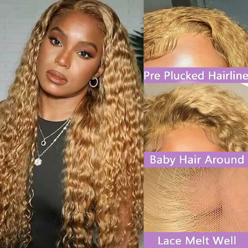 Honey Blonde Lace Front Wig, Perruque Bouclée de Cheveux Humains, Deep Wave, Transparent HD, avec Baby Hair