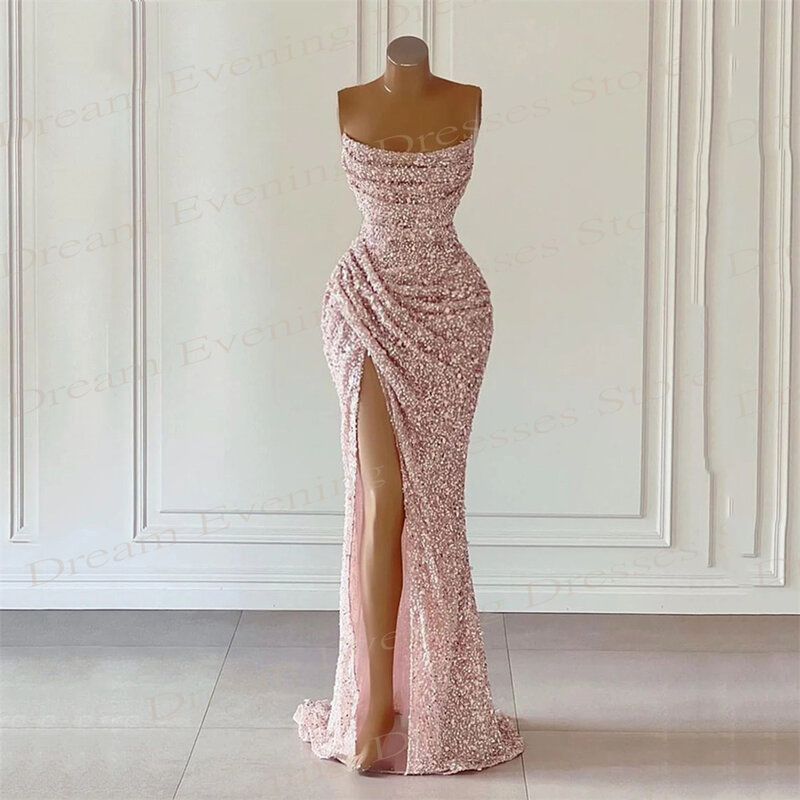 Generous Pink Mermaid Shiny Glitter Evening Dresses Graceful Strapless Sleeveless Prom Gowns Sexy Side Split Vestidos De Fiesta