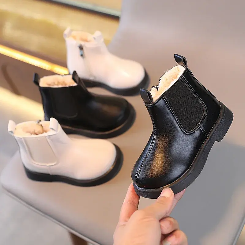 Modne buty dziecięce jesienne ciepłe pluszowe buty zimowe niemowlęce dziecięce Casual bawełniane buty dziewczęce chłopięce Retro PU skórzane antypoślizgowe buty