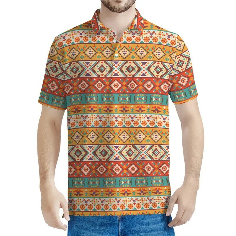 Polo con patrón de Navajo Vintage para hombre, camiseta geométrica con estampado 3D, ropa de calle, Tops de manga corta de gran tamaño, camisetas con solapa