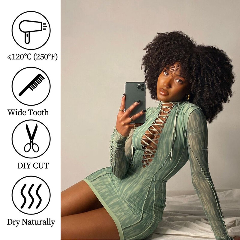 Curto Afro Kinky Curly Wig para mulheres negras, Ombre, marrom Curlys perucas com estrondo, Bouncy, macias perucas cosplay sintéticas, resistente ao calor