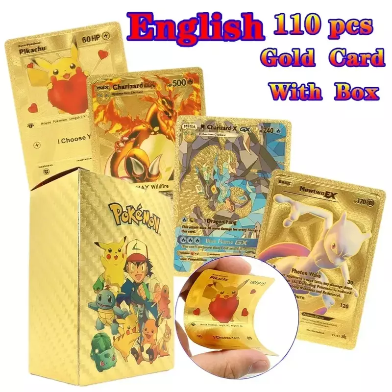 Caja de tarjetas de colección de Pokémon, color arcoíris, plata, negro, raro, dorado, francés, inglés, español, alemán, Pikachu, Cosplay, 55-135 piezas