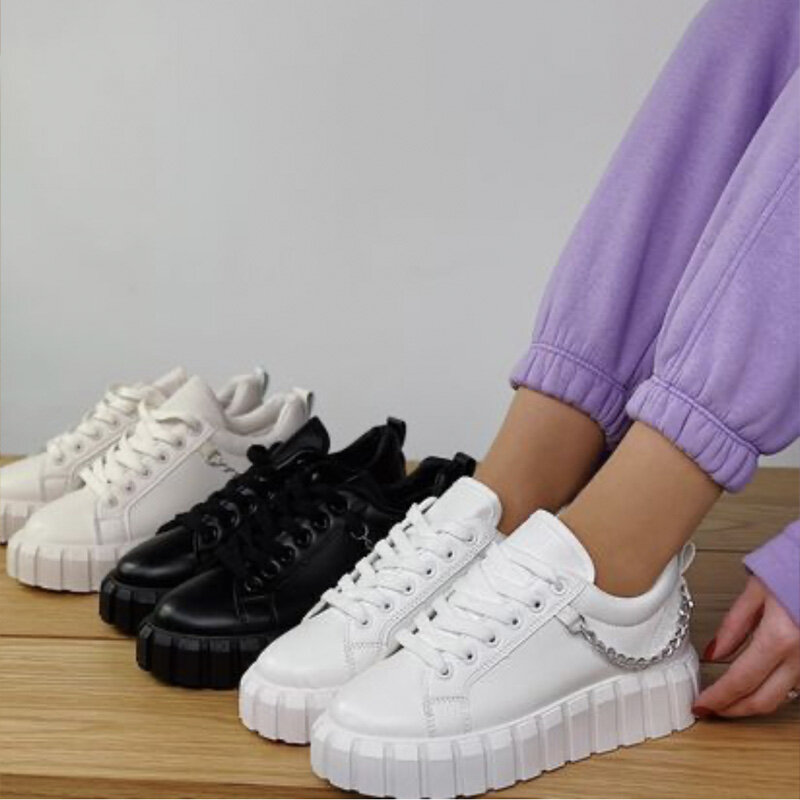 2024Fashion Women Platform PU Leather Chain Shoes Cute Girls Lace Up Casual Sneakers Female Walking Trainers
