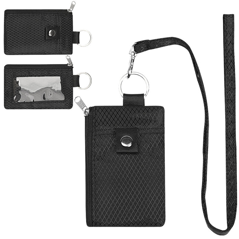 RFID 차단 소형 지갑, ID 창, 방수 지퍼 케이스 파우치, 랜야드 키체인, 카드 현금 동전 지갑