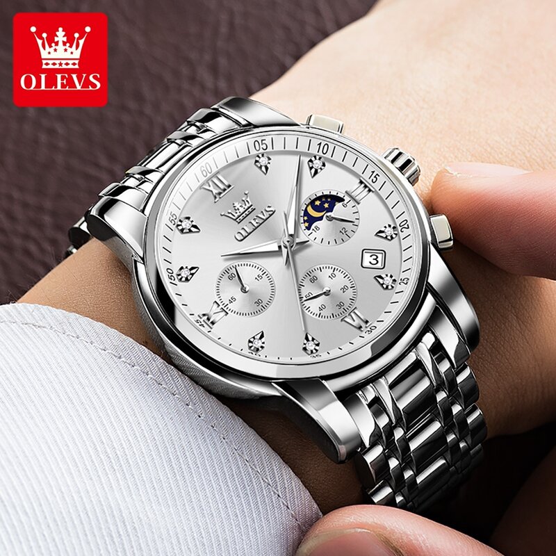 OLEVS jam tangan kuarsa fase bulan pria, arloji sertifikasi asli tali baja tahan karat kronograf kalender bercahaya untuk pria
