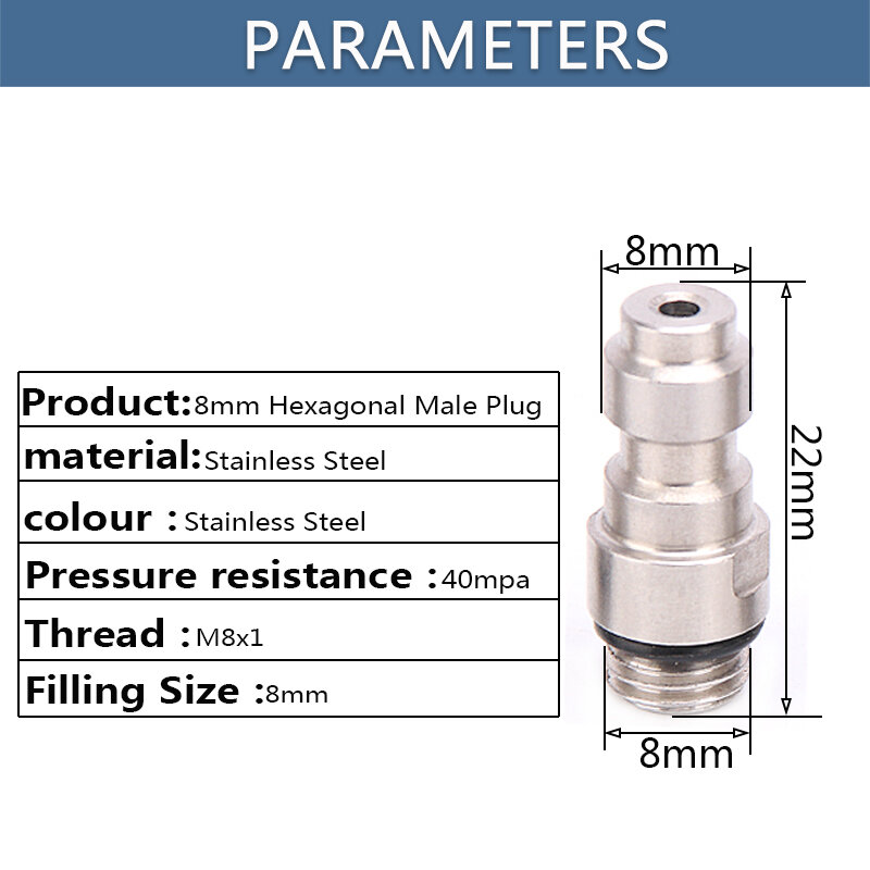 M8x1 Thread Air Refilling Stainless Steel Pump accessories Quick Coupler 8MM Male Plug Adapter Fittings 40mpa 6000psi 2pcs/set