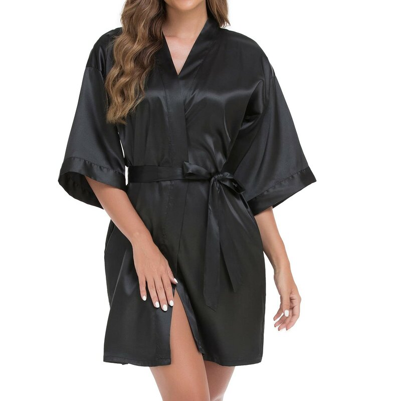 Robe Kimono courte en satin soyeux pour femmes, peignoir sexy, dentelle unie, vêtements de nuit décontractés, col en V, chemise de nuit, offre spéciale