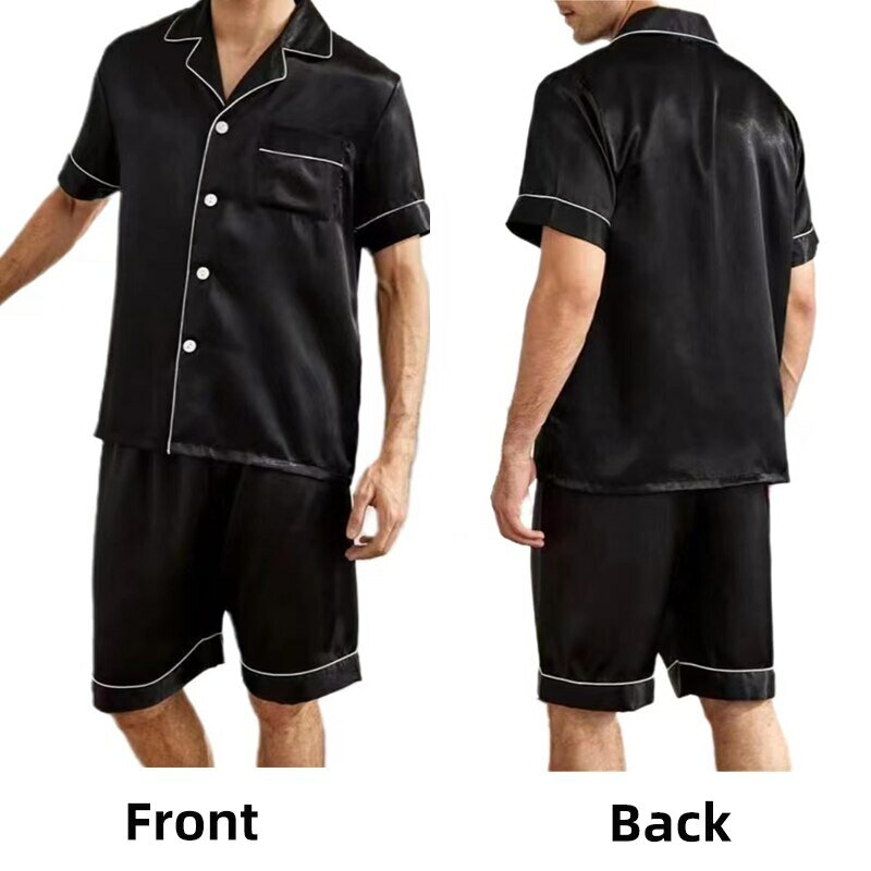 Conjunto de pijamas de seda gelo masculino, roupa de noite preta e cinza, pijamas casuais, camisas e shorts, camisas de cor sólida, XXL, 3XL, 4XL
