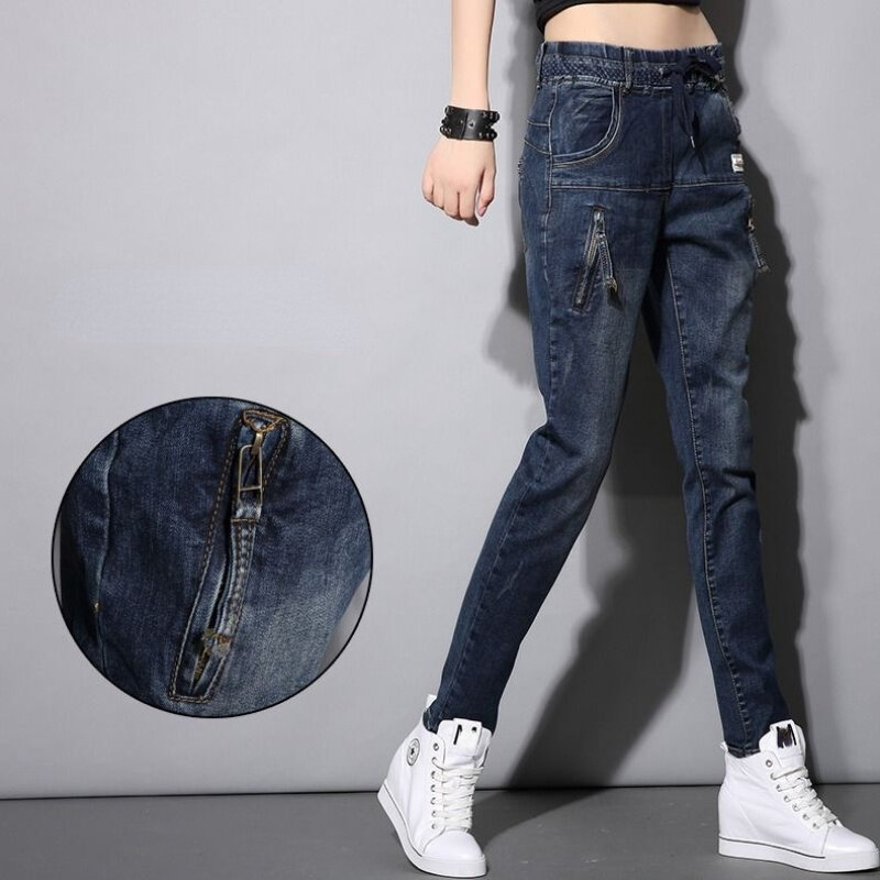 Jeans Pacar untuk Wanita Celana Harem Jeans Pinggang Tinggi Baju Vintage Jalanan Tinggi Celana Denim Biru Jeans Ibu
