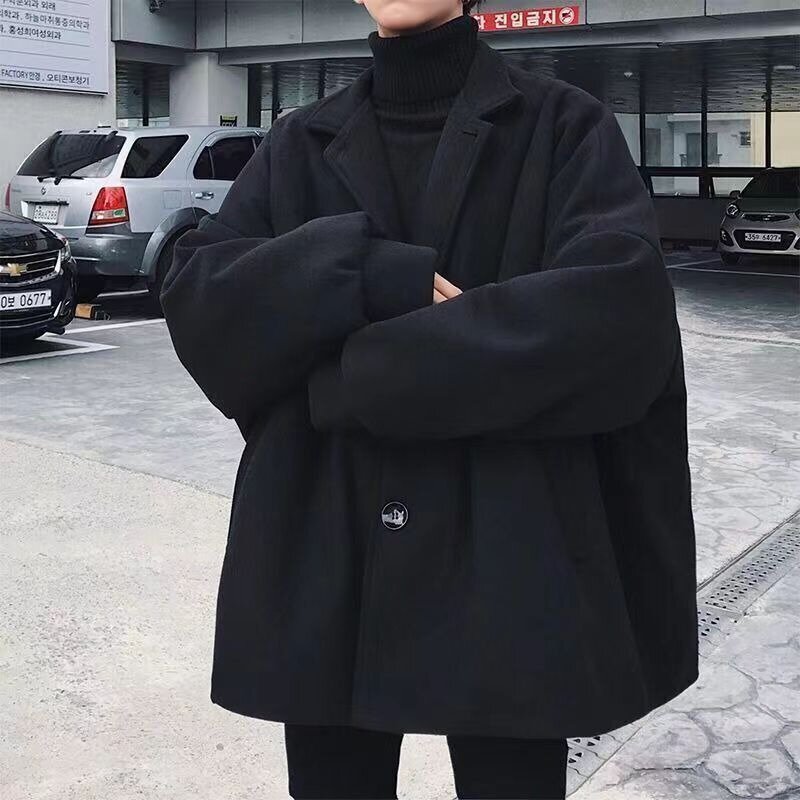 Jaqueta de lã preta Harajuku masculina, casaco solto, roupas de inverno extragrandes, streetwear coreano, jaquetas grossas, plus size, moda