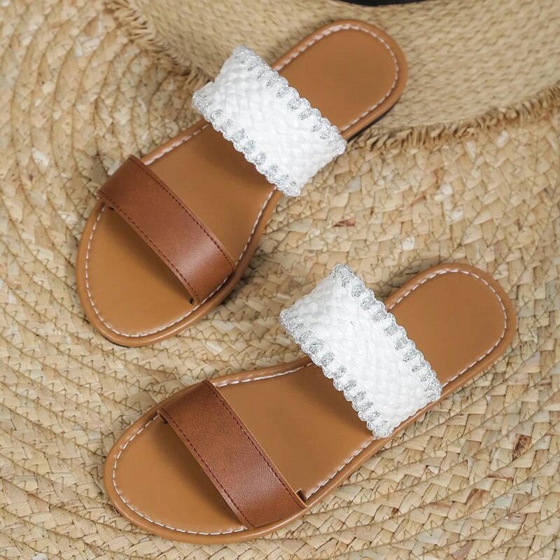 Женские шлепанцы на плоской подошве, летняя Уличная Повседневная пляжная обувь для женщин, сандалии с открытым носком в стиле ретро, женские сандалии, обувь для слайдов