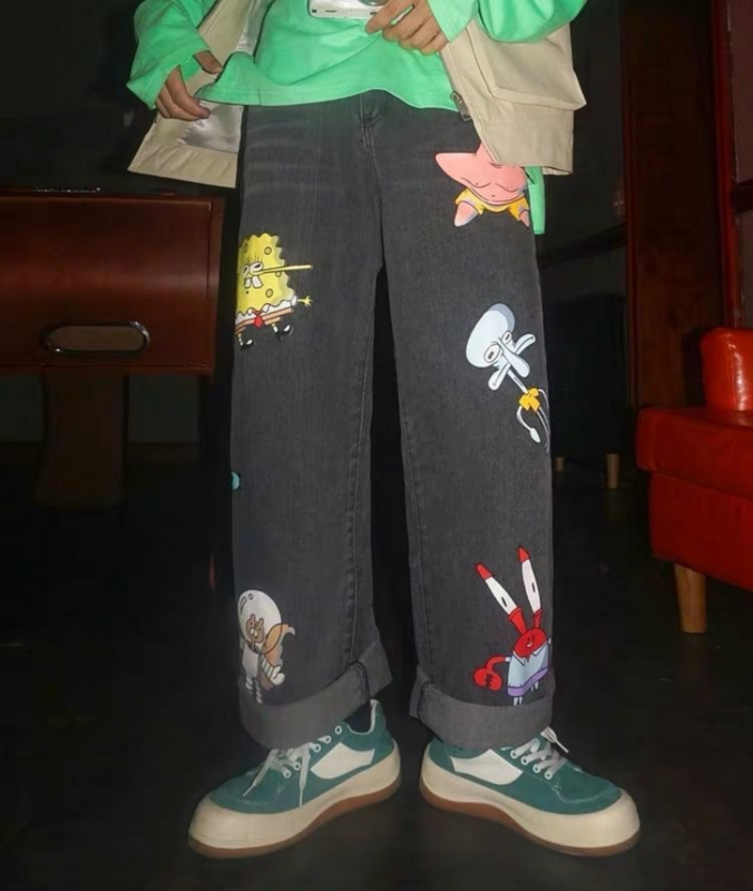 Pantalones vaqueros con estampado de dibujos animados para hombres y mujeres, Jeans sueltos rectos, estilo coreano, Hip-hop, guapo, moda de nueve puntos, otoño