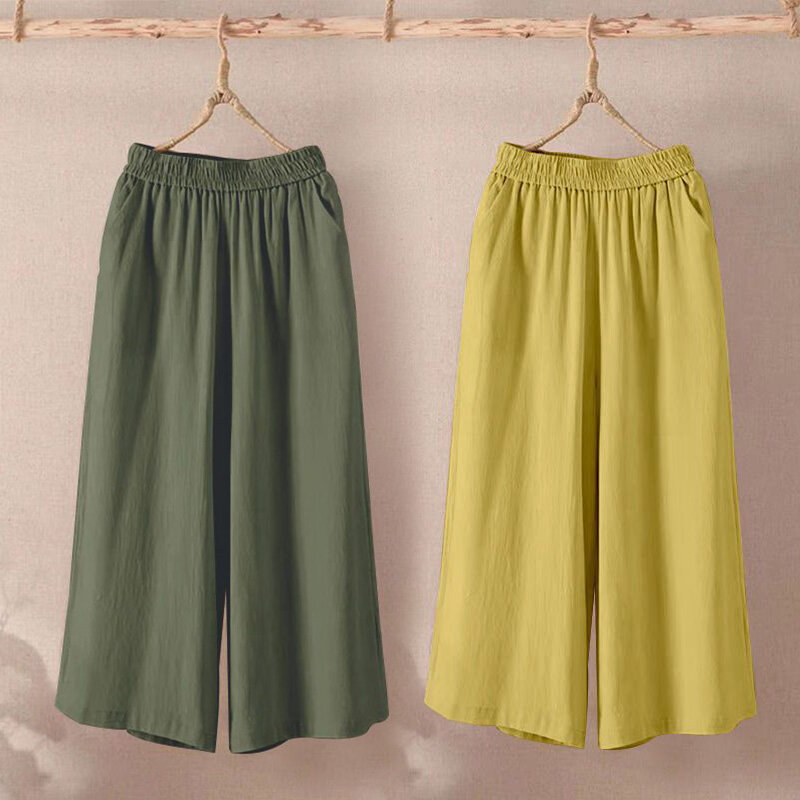 Bawełniana pościel na lato spodnie z szerokimi nogawkami damskie modne luźne, proste spodnie w jednolitym kolorze, elastyczne oddychające spodnie w talii
