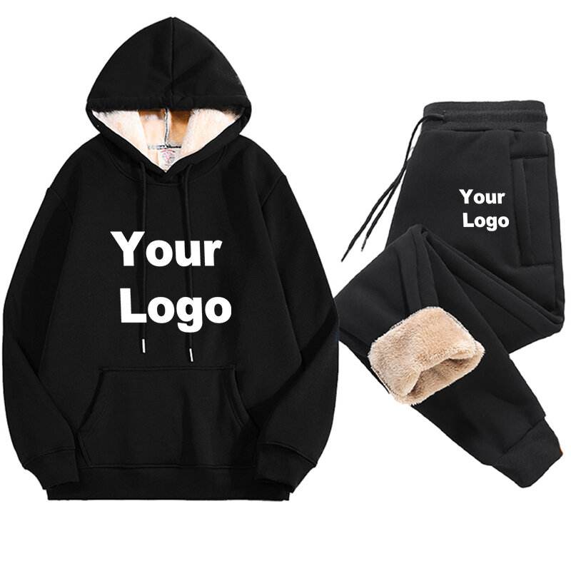 Custom Logo Winter Warm Two Peice Sets Casual Sports Suit Thickened Warm Hoodies Pants Outfit Sets Thicken Lambwool Set