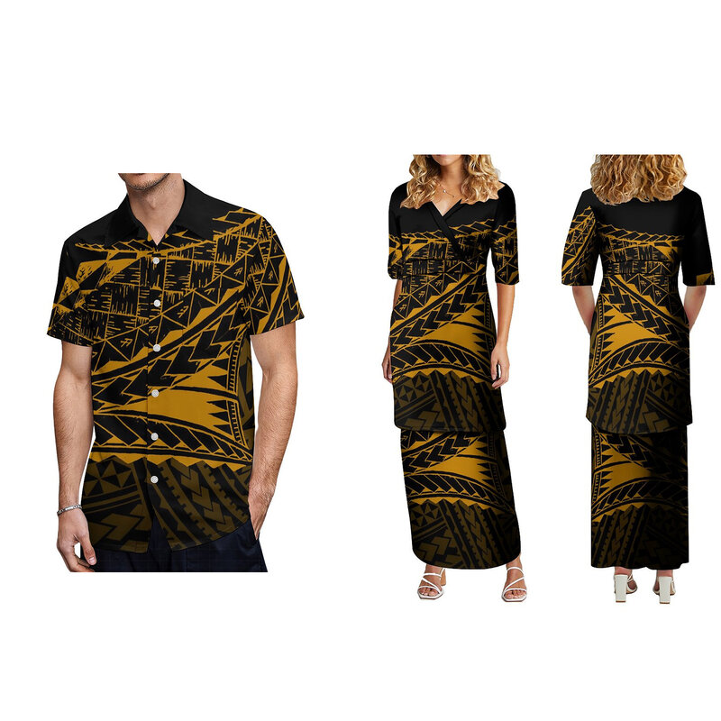 Оптовая продажа, индивидуальный полинезийский этнический дизайн, комплект из платья и платья с V-образным вырезом и рукавом до локтя, Женский комплект из 2 предметов