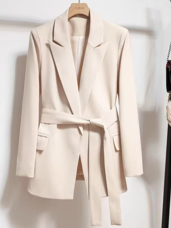 Blazers slim fit para mulheres, Casaco de terno bege, Jaqueta tie up, Top elegante, Casacos de escritório, Roupas primavera e outono