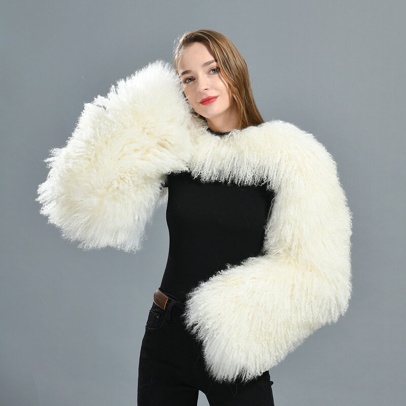 Jaxmonoy-abrigo de piel mongol Real para mujer, abrigos largos de pelo de oveja de doble manga, prendas de vestir de piel Natural de lujo cálidas para mujer, Otoño e Invierno