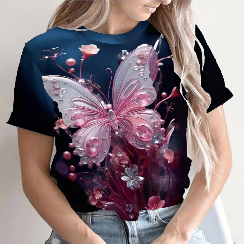 Sommer Frauen T-Shirt 3d Schmetterling drucken O-Ausschnitt lässig Damen Gradient T-Shirt weibliche Top Harajuku Mädchen Kurzarm Mode Kleidung