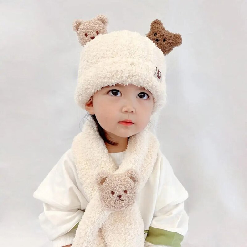 Cartoon Bear Baby Winter Hat and Scarf Set, Gorro infantil grosso, Mantenha boné de malha quente, Proteção de ouvido, Novo