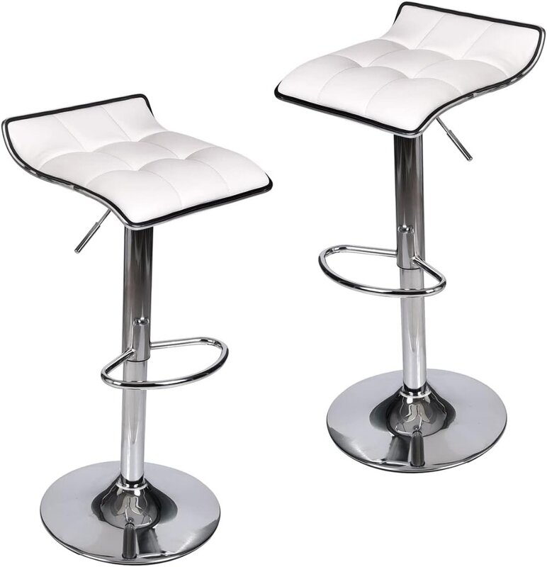 Puluomis-Taburetes de Bar con elevador de Gas, Juego de 2 taburetes de barra giratorios ajustables, silla de cuero PU con Base cromada, blanco