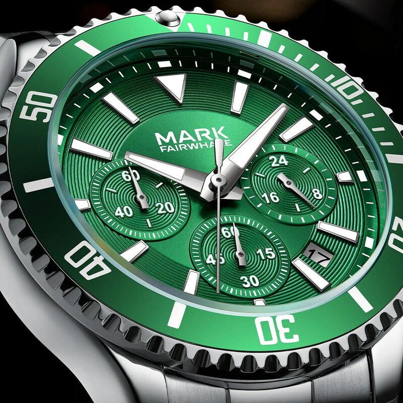 Часы мужские кварцевые из нержавеющей стали, роскошные модные светящиеся повседневные зеленые круглые, с хронографом
