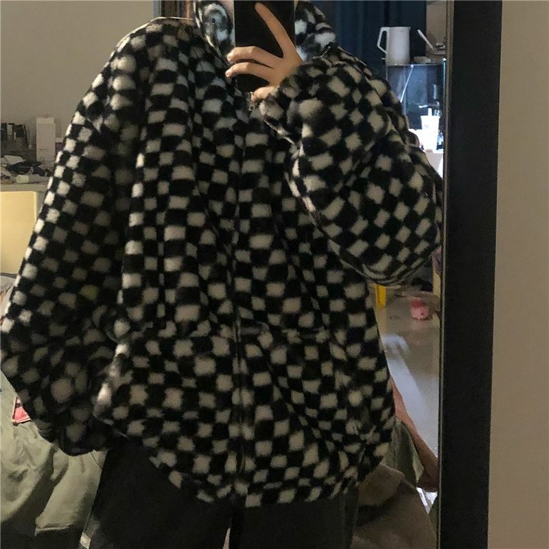 Harajuku Jackets Women Vintage Plaid Fashion Checkerboard Gothic Style Streetwear All-match Fur Jacket Goth Outwear Fur Coat y2k