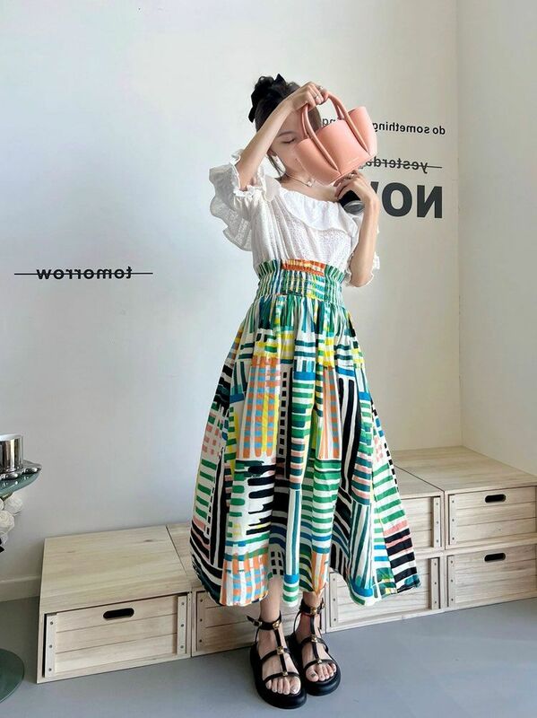 Suit Skirt Women One-Piece Collar Stripe Splicing Print Loose Mid-Length   New Spring 2024 Fashion Casual Female Clothing