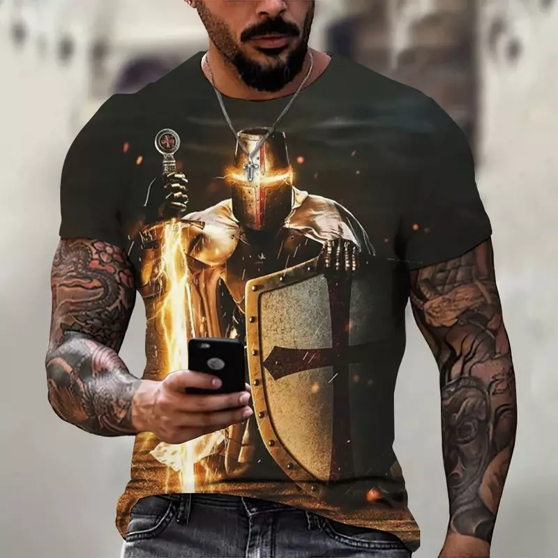 Pria musim panas baru Paladin3d dicetak Templar Knight T-shirt mode ekstra besar pola silang Harajuku jalan atasan