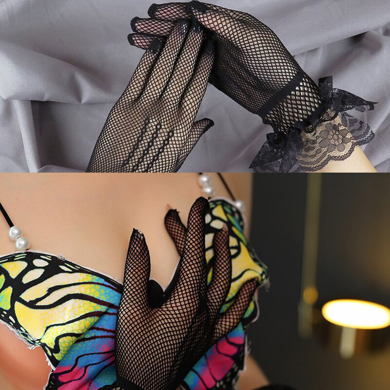 Sarung tangan renda hitam jaring seksi untuk wanita, sarung tangan jaring berongga tabir surya pendek elastis modis erotis Vintage renda elegan untuk wanita