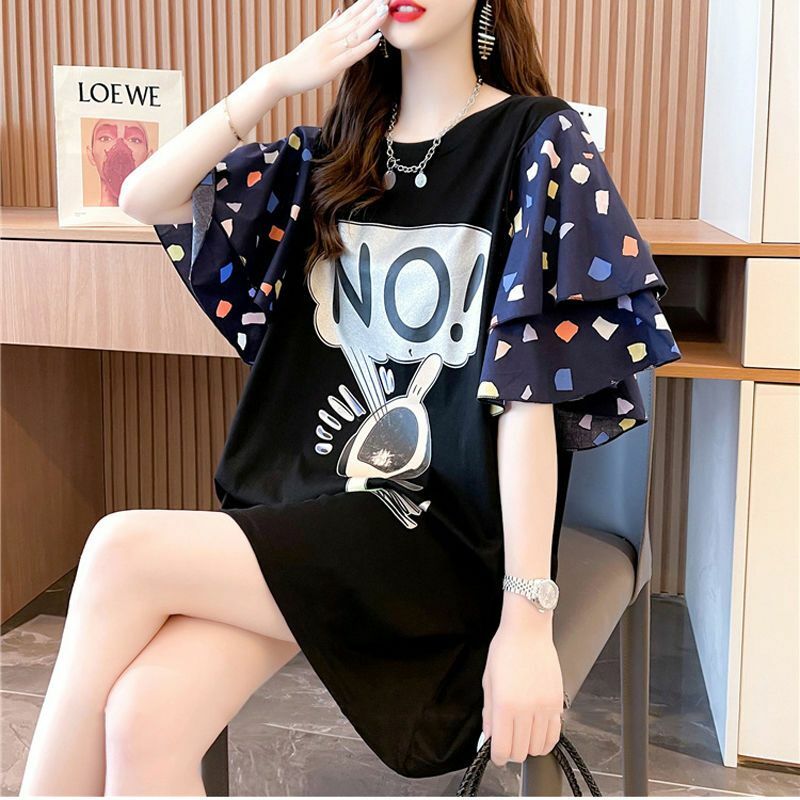 Stylowe drukowane patchworkowe swetry geometryczne dorywczo luźna odzież damska koreańska koszulka z krótkim rękawem letnia nowa koszulka z dekoltem w kształcie litery "o