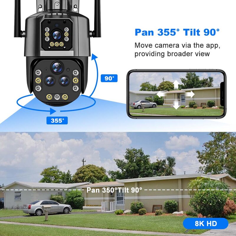 16MP 8K Wifi IP Camera 20X Zoom Four Lens Outdoor Wireless Security Camera 4K PTZ Cam Smart Home CCTV Wifi Surveillance Cameras