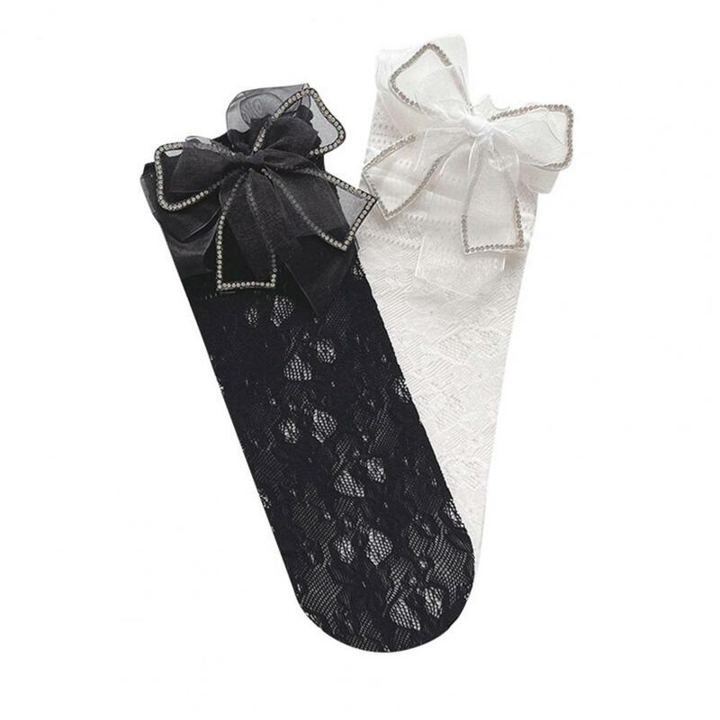 Calzini al polpaccio pizzo Hollow traspirante stile giapponese calzini per bambini con fiocco in velluto rimbalzante regalo di compleanno