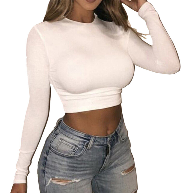 Crop Top T-Shirts Vacation Comfortable Fashion Holiday Long Sleeve Pullover Neck Slim Fit Soft Stretchy Stylish