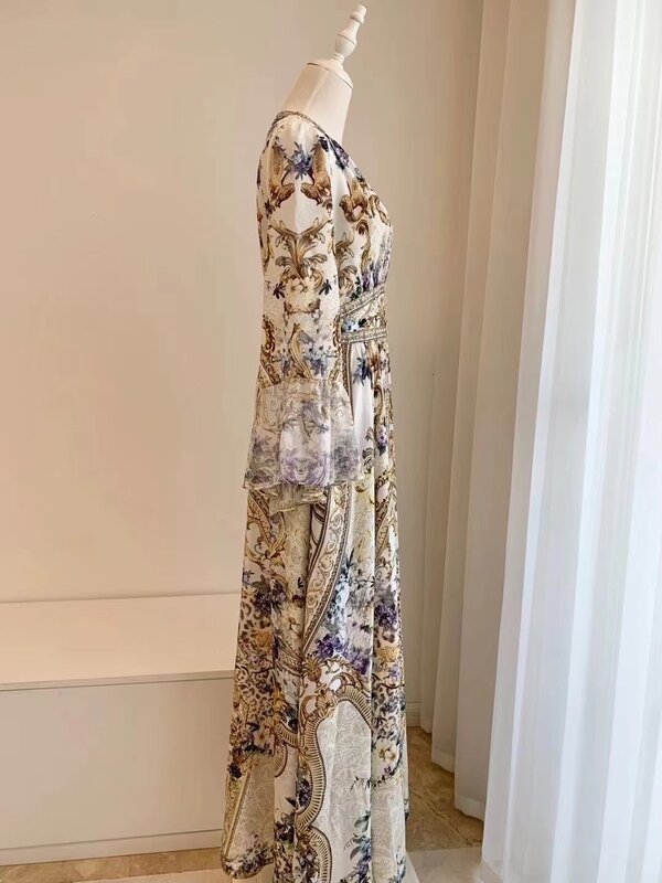Women V-Neck Flower Printed Beaded Big Swing 100% Silk Maxi Dress