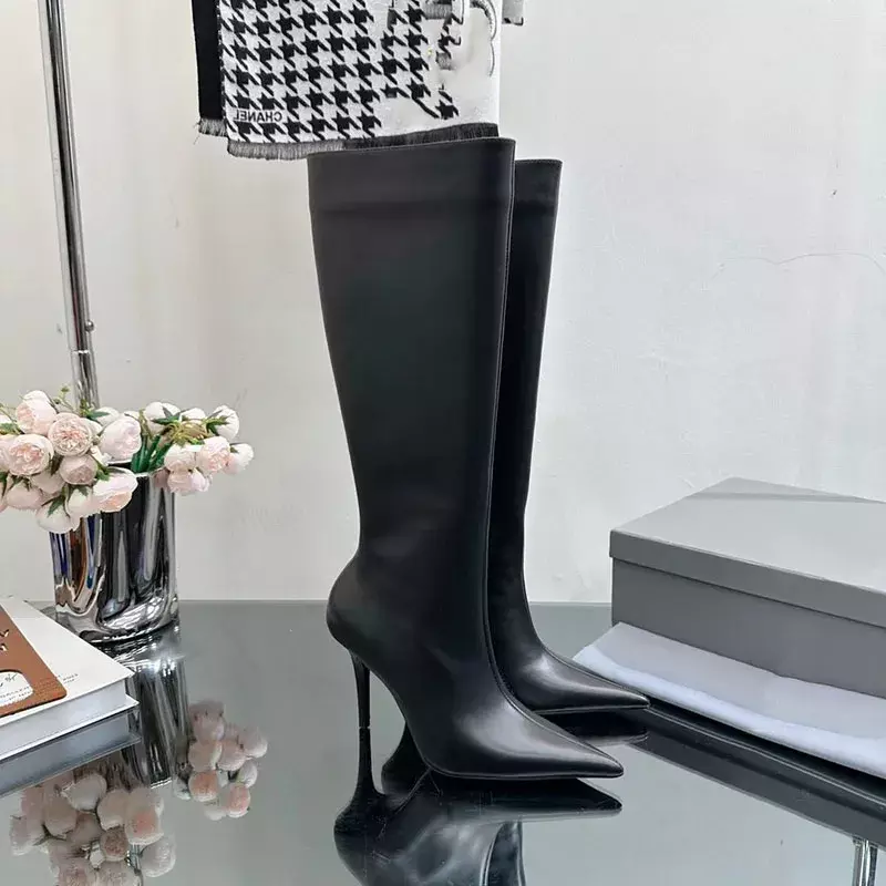 Dünne Absätze schwarz weiß Stiefel spitzen Zehen moderm hochwertige beliebte echte Leder Street Style Reiß verschluss Mode prägnanten Komfort