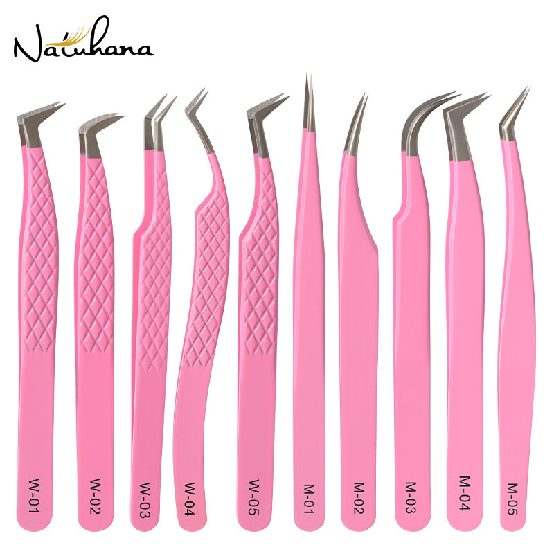 Natuhana-Pinzas de acero inoxidable para extensiones de pestañas, pinzas antiestáticas de alta precisión, rosa roja, maquillaje