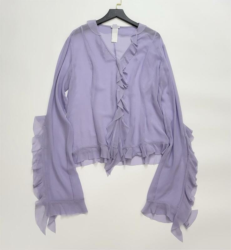 Женская весенне-летняя фиолетовая шелковая рубашка с оборками
