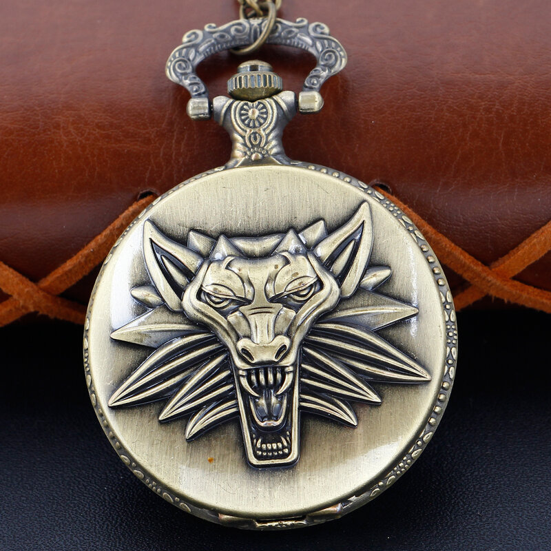 Jam tangan saku kuarsa Relief 3D Totem serigala barat antik jam tangan Fob Steampunk Retro perhiasan Pria