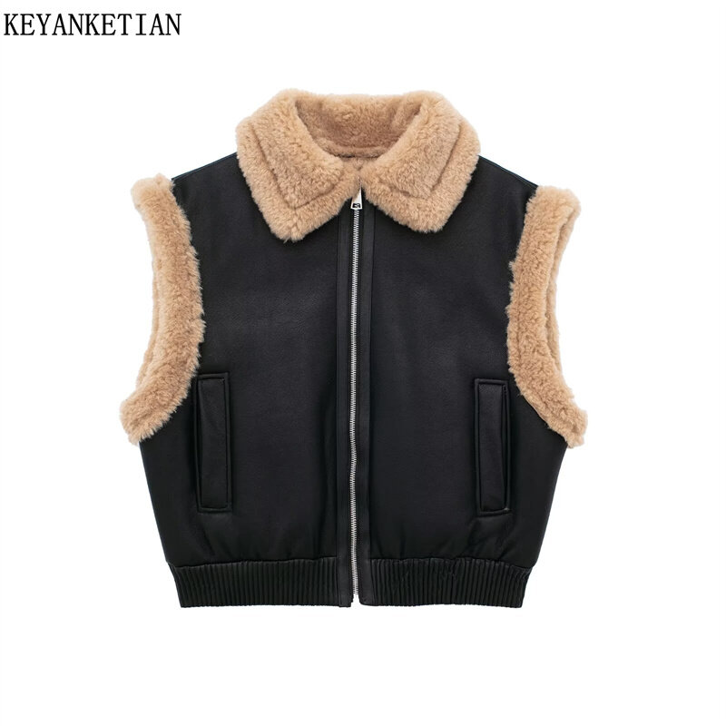 Keyanketian-Colete feminino de pele dupla face de lã, jaqueta com zíper simplesmente retrô, couro artificial, vestuário de inverno, novo