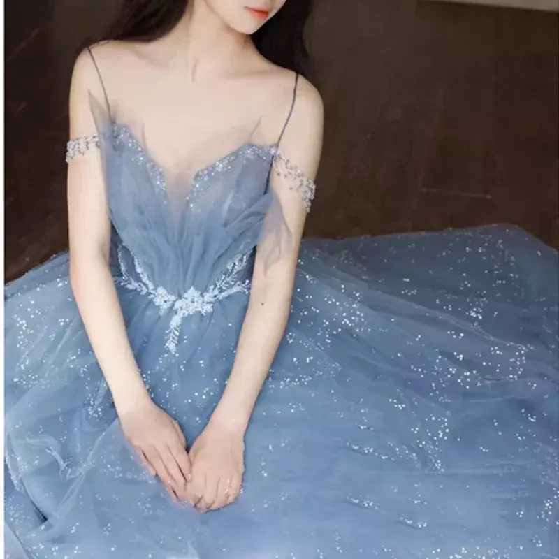 LANMU gaun malam payet bunga 3D 2024 rok lapis Tulle biru berdebu gaun panjang Sweetheart tali Spaghetti